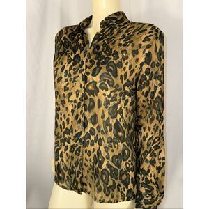 Vintage Chaus Women’s Blouse Leopard Animal Print Long Sleeve Button Front Chiff